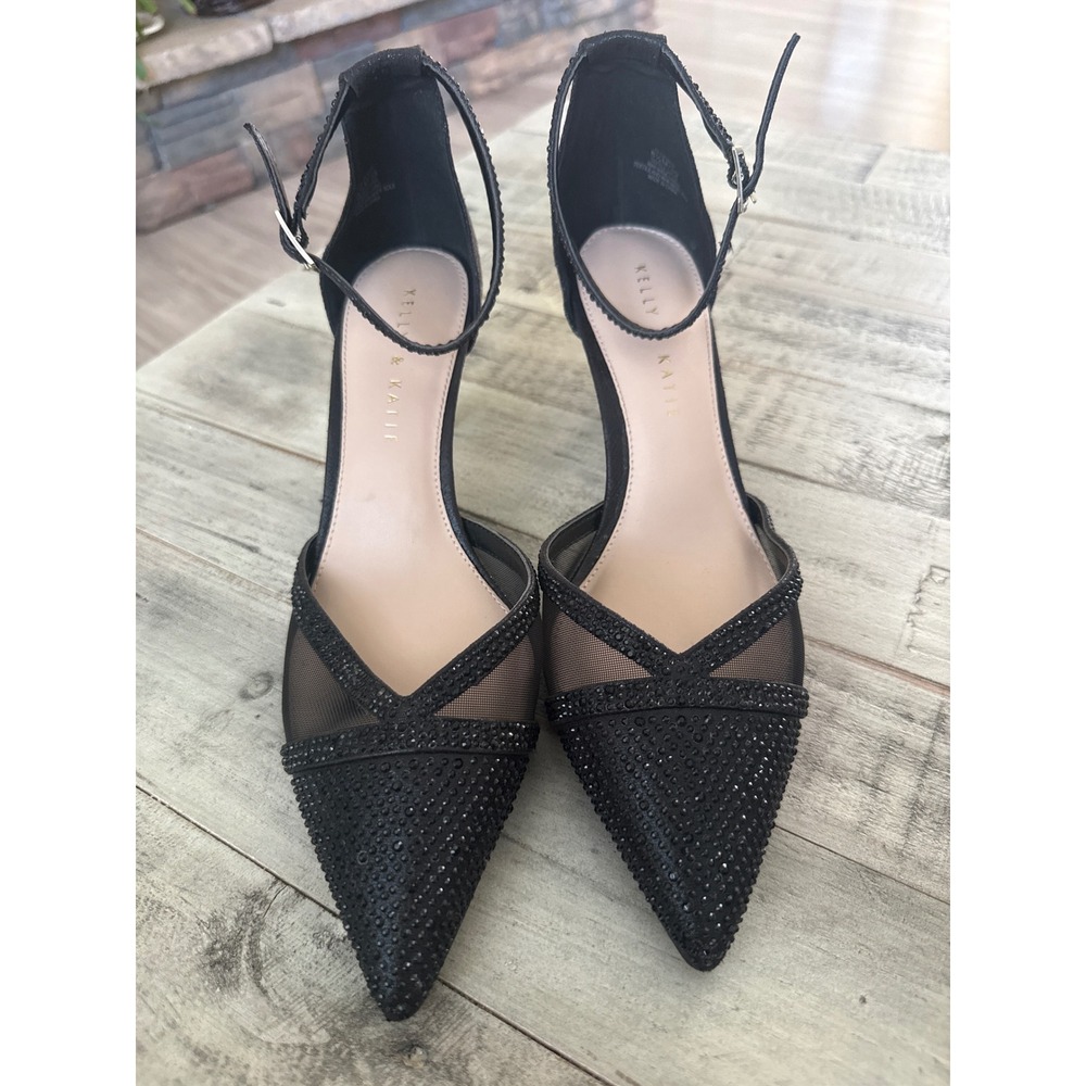 Kelly & Katie Zadienh Black Rhinestone Mesh Ankle Strap Pumps Heels 8.5M